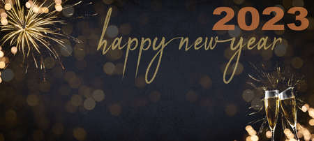 HAPPY NEW YEAR 2023 / New Year's Eve Holiday Event Party Firework - Festive silvester background...