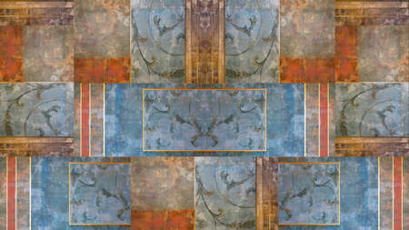Old orange blue rusty vintage worn geometric arabesque shabby mosaic ornate patchwork motif...