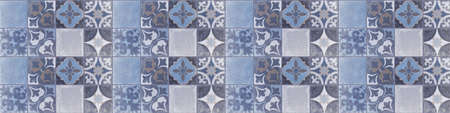 Old blue gray vintage worn geometric shabby mosaic ornate patchwork motif porcelain stoneware tiles,...