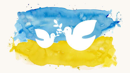 Abstract patriotic brushstroke paint brush splash in the colors of the flag of Ukraine and peace dove symbol, isolated on aquarelle paper backgroundの写真素材