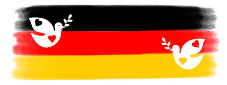 German flag illustration - Abstract black red yellow brushstroke paint in the colors of the flag of Germany, isolated on white background, with peace glove symbolsの写真素材