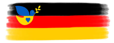 Peace for Ukraine - German flag illustration - Abstract black red yellow brushstroke paint in the colors of the flag of Germany, isolated on white background, with ukrainian peace gloveの写真素材