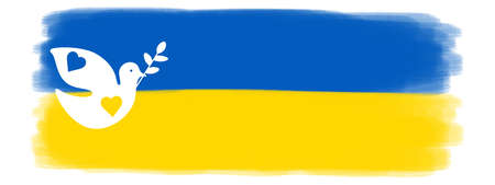 Ukrainian flag - Abstract brushstroke paint brush splash in the colors of the flag of Ukraine and peace dove symbol, isolated on white backgroundの写真素材