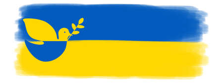 Ukrainian flag - Abstract brushstroke paint brush splash in the colors of the flag of Ukraine and peace dove symbol, isolated on white backgroundの写真素材