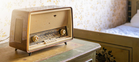 Old retro vintage radio on an aged wooden table illuminated by the sun - Aged bedroom or hotel room