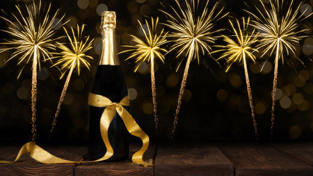 New Year Sylvester celebration holiday New Year's Eve greeting card - Champagne or sparkling wine bottle with golden gift ribbon on old rustic wooden table and pyrotechnics firework in the backgroundの写真素材