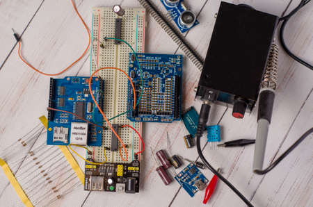 electronic components, condensators, arduino, doard,