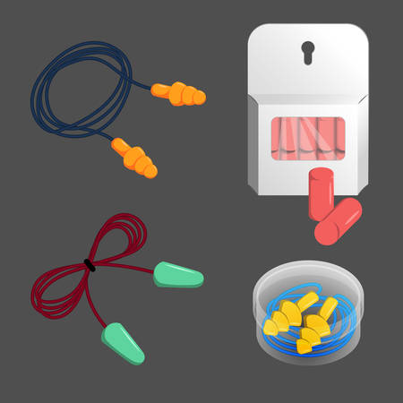 Noise, dust, water protection ear plugs of different construction. Vector illustration set of...