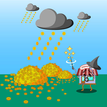 Flat art business concept illustration. Franchise character as a wizard casting money rain to fall. Metaphor of success.のイラスト素材