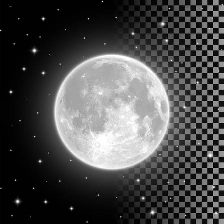 Bright full moon in the clear night sky and isolated on transparent background. Realistic full moon vector illustration. Selena, luna, lunar month, moonlight themed design element.のイラスト素材