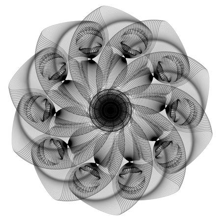 Fantastic abstract line geometrical flower, rosette or symmetrical ornament in black and white colors. Radial design element. Vector illustration. Contrast background element. Geometric artwork.のイラスト素材
