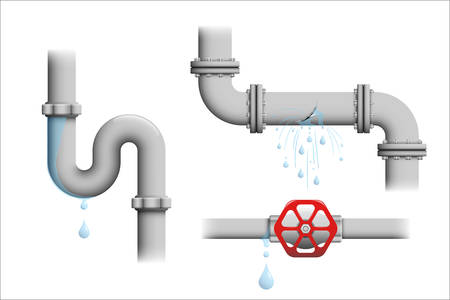 Leaking pipe vector set. Broken water pipeline with leakage, leaking valve, dripping drain illustrations isolated on white.のイラスト素材
