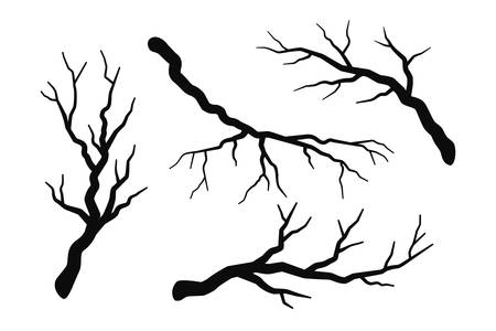 Tree branch without leaves silhouettes set isolated on white, bare branches vector illustrationのイラスト素材