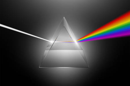 Visible light dispersion to a spectrum on a glass prism, realistic physical effect vector illustrationのイラスト素材