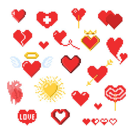 Various pixel heart icons isolated on white, Valentines day decor in pixel art style, heart-shaped retro game design elements a health, love or life symbolのイラスト素材