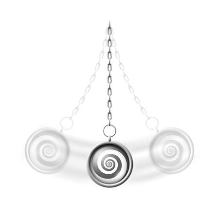 Swinging hypnosis pendulum realistic vector illustration, psychotherapy concept, a silver necklace with chain hypnotic spiral pattern and blurred motion effectのイラスト素材