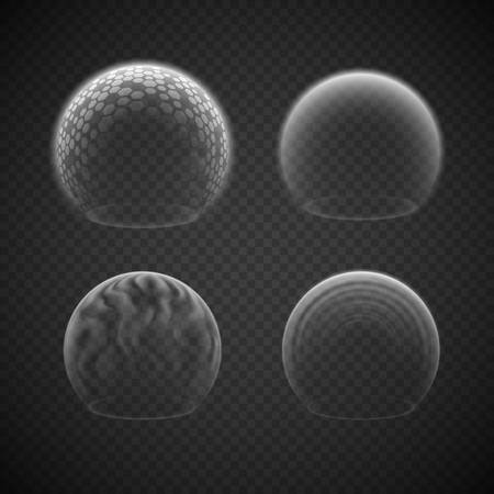 Force field set isolated on transparency grid, various energy or defense shields, deflector or force bubble, science fiction element or metaphor of absolute protectionのイラスト素材