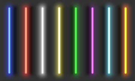 Neon light brushes with shadows, fully adjustable various colors neon design elements, colorful light tubes set on dark backgroundのイラスト素材