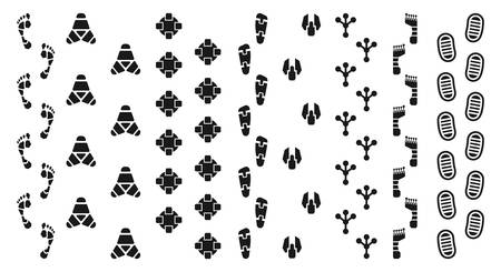 Robot footprints tracks, humanoids or bipedal walking machine footprints icons and trails, or cyborg footsteps silhouettes pattern, path marking design elementsのイラスト素材