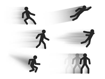 Speed lines vector templates with stick figures in various poses , dark motion blur lines illustrations isolated on white, fast movement effect vector setのイラスト素材