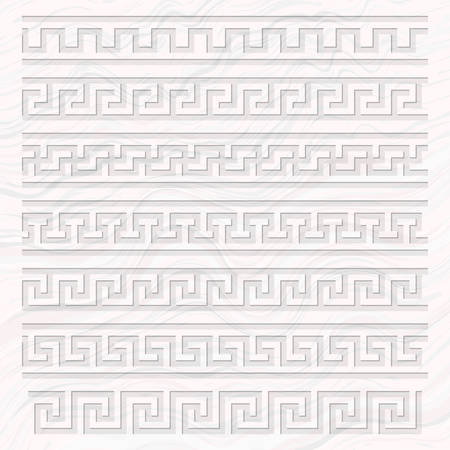 Meander pattern overlay on a marble background, Ancient Greece meandros ornament of various types, three-dimensional stone carved decorative border, Greek key or fretのイラスト素材