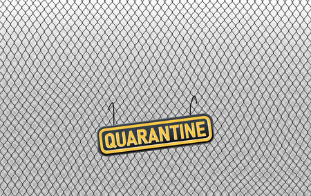 A grunge quarantine sign hanged on black chain link fence, a concept foreground or background for anti-epidemic measures, social and economic issues or global pandemicのイラスト素材