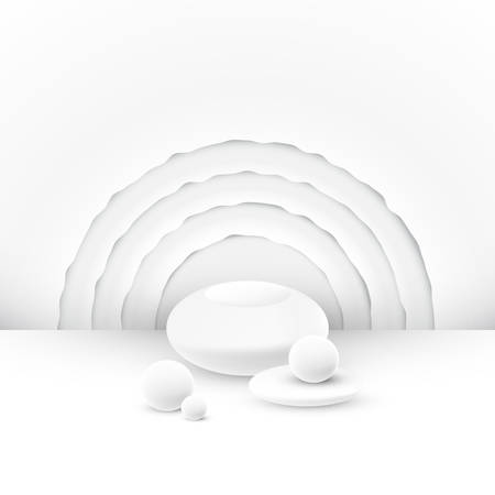 Abstract empty white podium, stage or product place, 3D template with geometrical figures and backgroundのイラスト素材