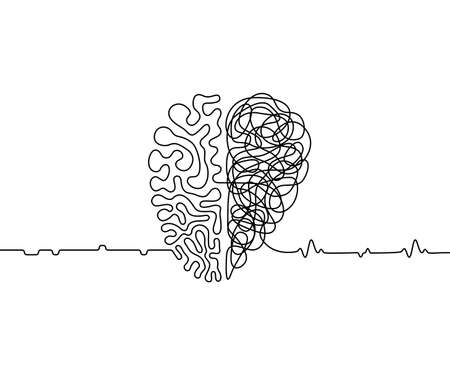 Heart vs brain continuous line drawing concept, emotions with rationality vector illustration in one line style, simple metaphor of the duality of human personality