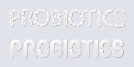 Probiotics inscription composed from letters in neumorphism style, probiotics as a word written with neumorphic 3D shapes that look like real life bacteria under a microscope