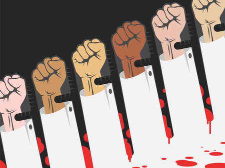 Police brutality concept , protest with raised hands in opposite to police batons covered in blood,...