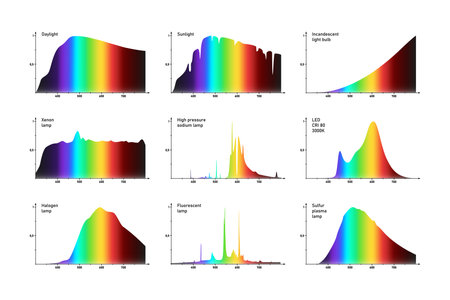 Related intensity spectrums graphs of various artificial and natural light sources, visible light emission patterns of common and special lamps and bulbsのイラスト素材