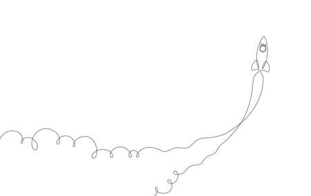 Continuous line drawing rocket launch, a minimal single line business startup concept, rocket flying up with trail left behind, a metaphor of quick development or cryptocurrency or stock market growsのイラスト素材