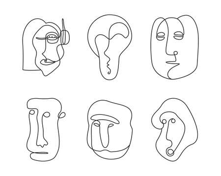 Continuous line drawing of abstract faces, artistic representation of human faces in single line techniqueのイラスト素材