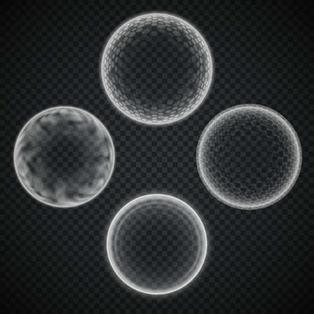 Spherical energy shield set isolated on transparency grid, various force or defense fields, deflector or protective bubble, science fiction element a metaphor of absolute protection or damage immunityのイラスト素材