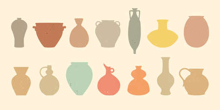 Clay vases of various shapes, traditional pottery silhouettes with lightly grunge texture, pastel, terracotta and earthy color ceramics, different vessels, jugs, amphoras, pots and vasesのイラスト素材