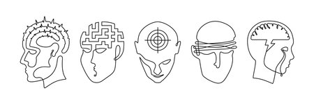 Mental disorder a continuous line drawing set, one line abstract depictions of psychic health problems, minimalist icons of human heads that illustrate personality disorders or mental illnessesのイラスト素材