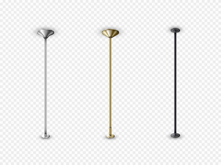 A set of pole dance pylons realistic vector illustrations, shiny metal dance poles of golden, chrome and black colors, various poles for fitnessのイラスト素材
