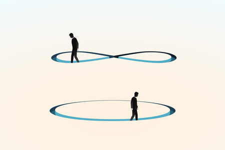 Man moves along an infinity symbol, businessman walks round in circles, metaphor of unsolvable problems, endless searches or being looped in routine, abstract depiction of business issuesのイラスト素材