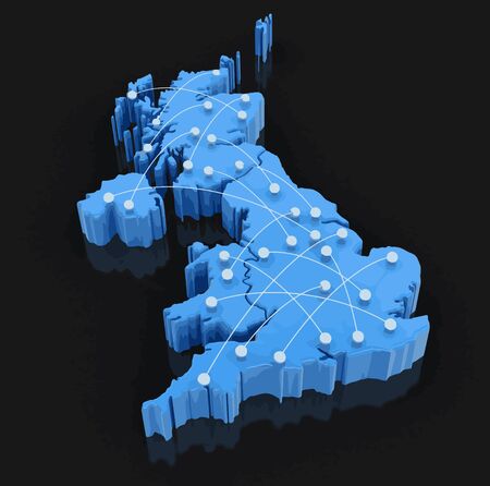 Map of UK with flight paths. Image with clipping path.