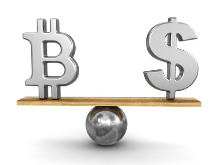 Bitcoin and dollar sign balanced on plank. Image with clipping pathの写真素材