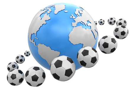 Soccer footballs around Globe. Image with clipping pathの写真素材