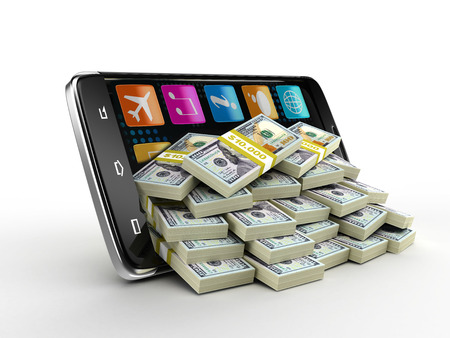 Touchscreen smartphone with pile of dollars. Image with clipping path.の写真素材