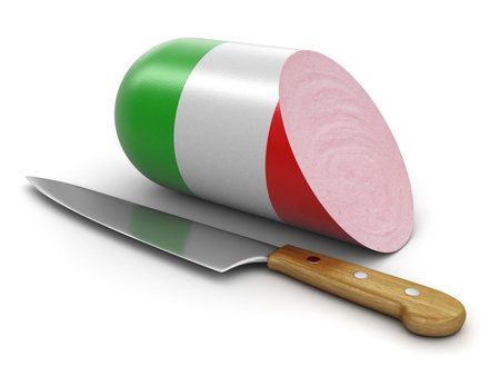 Sausage with Italian flag on white (clipping path included)の写真素材