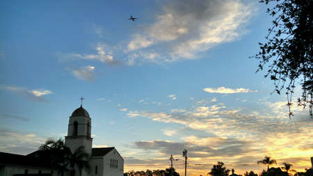 Outside view of sky and a building.の素材