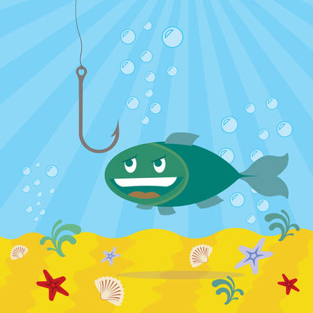 A fish looking on a fishhook on blue background.のイラスト素材