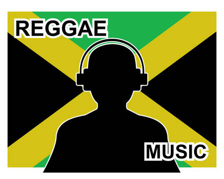 A reggae music concept with a silhouette of a man with headphones and Jamaican flag in background.のイラスト素材