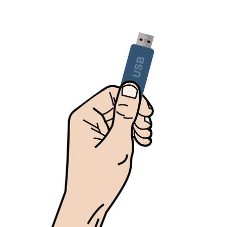 Hand holding usb memory stick, blue usb flash drive.のイラスト素材