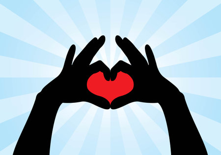 Hands holding red heart on blue sunburst background, vector illustrationのイラスト素材