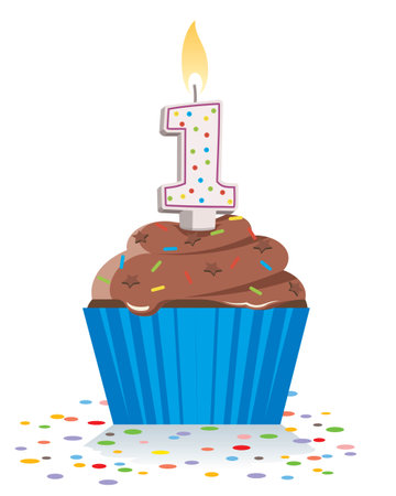 Birthday cupcake with candle and confetti. Vector illustration.のイラスト素材