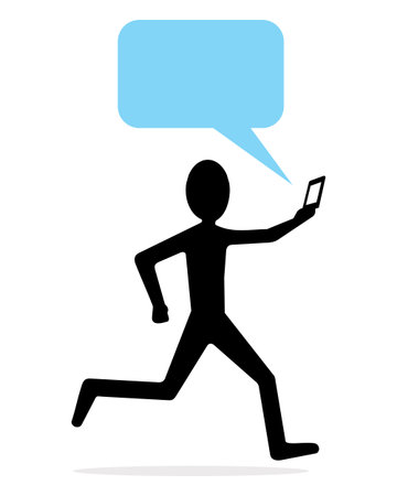 silhouette of a man running with a tablet and speech bubbleのイラスト素材